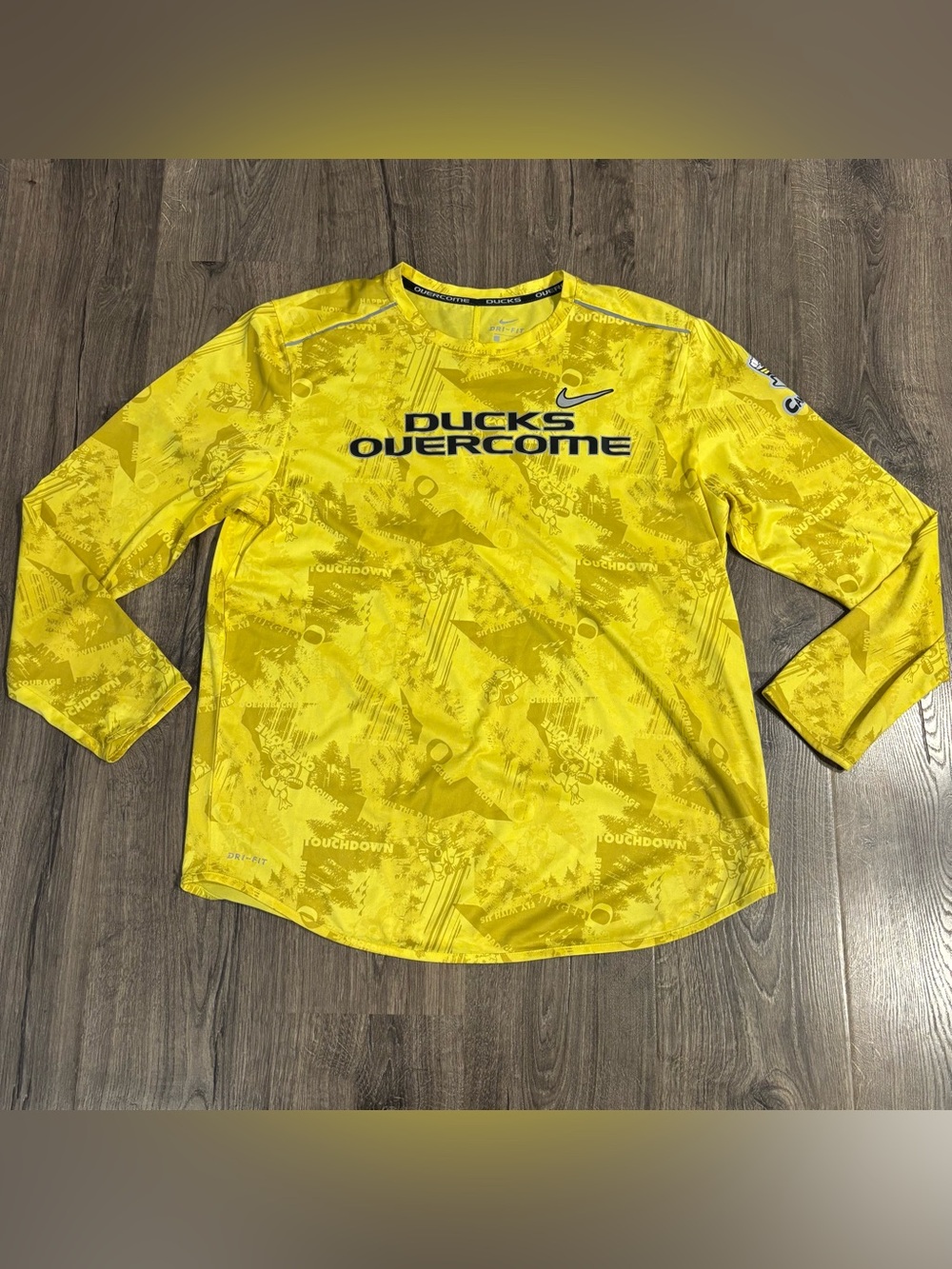 Nike Oregon Ducks Shirt Yellow Dri-Fit AOP Overcome Cancer Sz XLarge